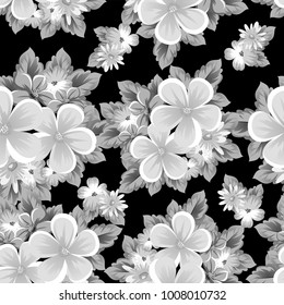 abstract seamless monochrome pattern of flowers on a black background. For design postcards, greeting, invitation for a birthday, wedding, party, holiday. For the decoration. Vector illustration.