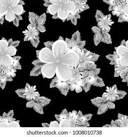 abstract seamless monochrome pattern of flowers on a black background. For design postcards, greeting, invitation for a birthday, wedding, party, holiday. For the decoration. Vector illustration.