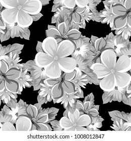 abstract seamless monochrome pattern of flowers on a black background. For design postcards, greeting, invitation for a birthday, wedding, party, holiday. For the decoration. Vector illustration.