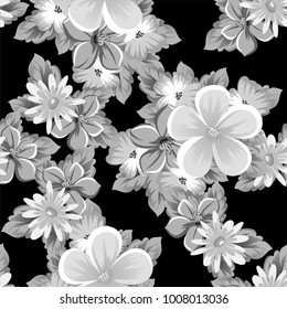 abstract seamless monochrome pattern of flowers on a black background. For design postcards, greeting, invitation for a birthday, wedding, party, holiday. For the decoration. Vector illustration.