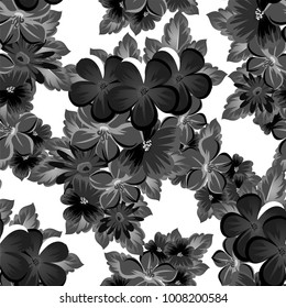 abstract seamless monochrome pattern of flowers on a white background. For design postcards, greeting, invitation for a birthday, wedding, party. For the decoration. Vector illustration.