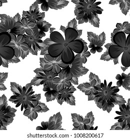 abstract seamless monochrome pattern of flowers on a white background. For design postcards, greeting, invitation for a birthday, wedding, party. For the decoration. Vector illustration.