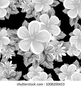 abstract seamless monochrome pattern of flowers on a black background. For design postcards, greeting, invitation for a birthday, wedding, party, holiday. For the decoration. Vector illustration.