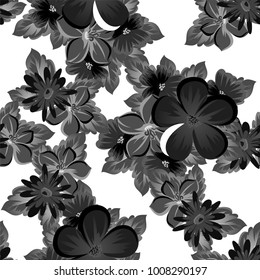 abstract seamless monochrome pattern of flowers on a white background. For design postcards, greeting, invitation for a birthday, wedding, party. For the decoration. Vector illustration.