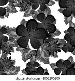 abstract seamless monochrome pattern of flowers on a white background. For design postcards, greeting, invitation for a birthday, wedding, party. For the decoration. Vector illustration.