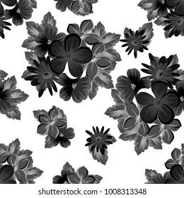 abstract seamless monochrome pattern of flowers on a white background. For design postcards, greeting, invitation for a birthday, wedding, party. For the decoration. Vector illustration.