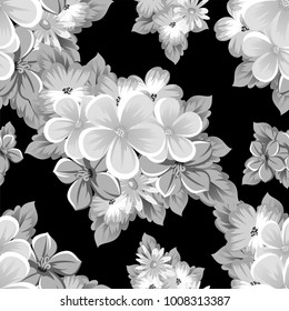 abstract seamless monochrome pattern of flowers on a black background. For design postcards, greeting, invitation for a birthday, wedding, party, holiday. For the decoration. Vector illustration.