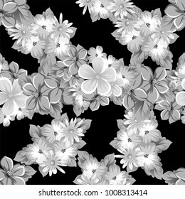 abstract seamless monochrome pattern of flowers on a black background. For design postcards, greeting, invitation for a birthday, wedding, party, holiday. For the decoration. Vector illustration.