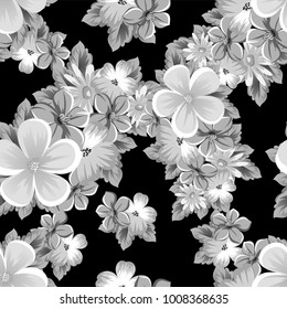 abstract seamless monochrome pattern of flowers on a black background. For design postcards, greeting, invitation for a birthday, wedding, party, holiday. For the decoration. Vector illustration.