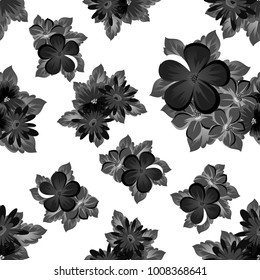abstract seamless monochrome pattern of flowers on a white background. For design postcards, greeting, invitation for a birthday, wedding, party. For the decoration. Vector illustration.