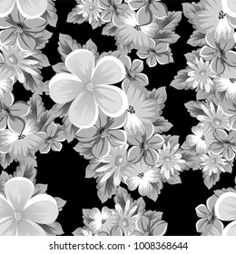 abstract seamless monochrome pattern of flowers on a black background. For design postcards, greeting, invitation for a birthday, wedding, party, holiday. For the decoration. Vector illustration.