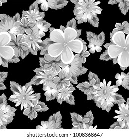 abstract seamless monochrome pattern of flowers on a black background. For design postcards, greeting, invitation for a birthday, wedding, party, holiday. For the decoration. Vector illustration.