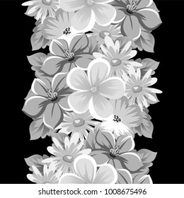 abstract seamless monochrome pattern of flowers on a black background. For design postcards, greeting, invitation for a birthday, wedding, party, holiday. For the decoration. Vector illustration.