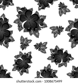 abstract seamless monochrome pattern of flowers on a white background. For design postcards, greeting, invitation for a birthday, wedding, party. For the decoration. Vector illustration.