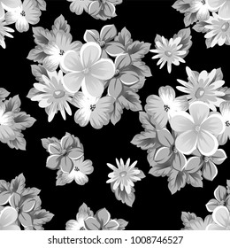 abstract seamless monochrome pattern of flowers on a black background. For design postcards, greeting, invitation for a birthday, wedding, party, holiday. For the decoration. Vector illustration.