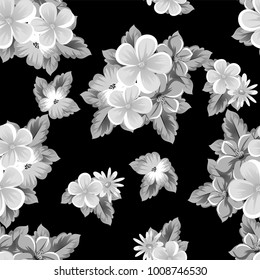 abstract seamless monochrome pattern of flowers on a black background. For design postcards, greeting, invitation for a birthday, wedding, party, holiday. For the decoration. Vector illustration.