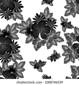 abstract seamless monochrome pattern of flowers on a white background. For design postcards, greeting, invitation for a birthday, wedding, party. For the decoration. Vector illustration.