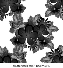 abstract seamless monochrome pattern of flowers on a white background. For design postcards, greeting, invitation for a birthday, wedding, party. For the decoration. Vector illustration.