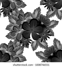 abstract seamless monochrome pattern of flowers on a white background. For design postcards, greeting, invitation for a birthday, wedding, party. For the decoration. Vector illustration.