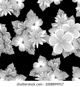 abstract seamless monochrome pattern of flowers on a black background. For design postcards, greeting, invitation for a birthday, wedding, party, holiday. For the decoration. Vector illustration.
