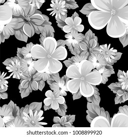 abstract seamless monochrome pattern of flowers on a black background. For design postcards, greeting, invitation for a birthday, wedding, party, holiday. For the decoration. Vector illustration.