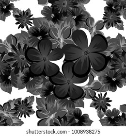 abstract seamless monochrome pattern of flowers on a white background. For design postcards, greeting, invitation for a birthday, wedding, party. For the decoration. Vector illustration.