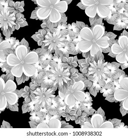 abstract seamless monochrome pattern of flowers on a black background. For design postcards, greeting, invitation for a birthday, wedding, party, holiday. For the decoration. Vector illustration.