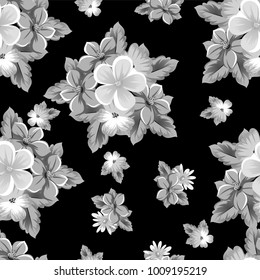 abstract seamless monochrome pattern of flowers on a black background. For design postcards, greeting, invitation for a birthday, wedding, party, holiday. For the decoration. Vector illustration.