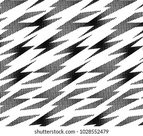 Abstract seamless monochrome pattern with lightning shape, dots, curved lines.  black and white background. Grunge repeated backdrop.  geometric elements