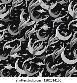 Abstract seamless monochrome pattern with a moon, stars and feathers. Vector graphic. Black and white with dark background.