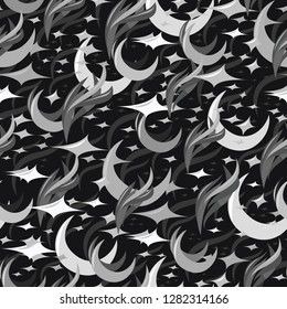 Abstract seamless monochrome pattern with a moon, stars and feathers. Vector graphic. Black and white with dark background.