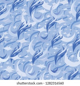 Abstract seamless monochrome pattern with a moon, stars and feathers. Vector graphic. All blue.