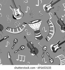 Abstract seamless monochrome pattern of musical instruments.