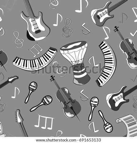 Abstract seamless monochrome pattern of musical instruments.