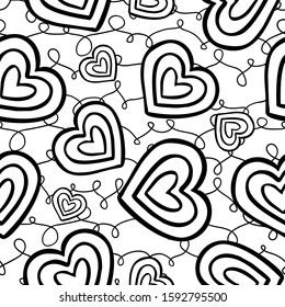 Abstract seamless monochrome pattern with stylized hearts on scribble. Endless black and white background. Minimal style. Vector illustration