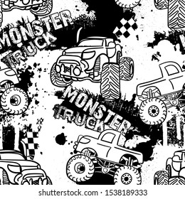 Abstract seamless Monster Car pattern on grunge shape cracked background with shabby dots and spray paint texture, ink. Childish style wheel auto repeated backdrop. 