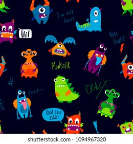 Abstract seamless monster pattern. funny cartoon character for boy textile, wrapping paper. Comics baby mutant, speech cloud, hand written text crazy, good luck bro, I am very angr, huge power, hi