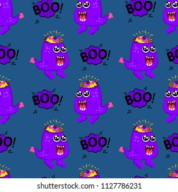 Abstract seamless monster pattern for girls or boys. Creative vector pattern with toothed monster with sweets instead of brains, halloween. Funny monster pattern for textile and fabric. Fashion style.