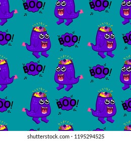 Abstractas patrón de monstruo sin fisuras para niñas o niños. Patrón de Vector creativo con monstruo dentado con dulces en lugar de cerebros, halloween. Patrón monstruo divertido para la materia textil y la tela. Estilo de moda.