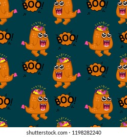 Abstract seamless monster pattern for girls or boys. Creative vector pattern with toothed monster with sweets instead of brains, halloween. Funny monster pattern for textile and fabric. Fashion style.