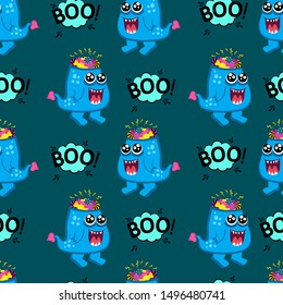 Abstract seamless monster pattern for girls or boys. Creative vector pattern with toothed monster with sweets instead of brains, halloween. Funny monster pattern for textile and fabric. Fashion style.