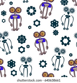 Abstract seamless monsters pattern. Cartoon style robot with mechanic details. Repeated backdrop. Cute design for child, textile, clothes. 