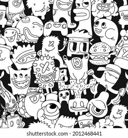 Abstract seamless monsters pattern  on cell repeated background. Repeated endless dude character print. Black and white cartoon ornament.