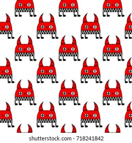 Abstract seamless monsters pattern on white background. Childish repeated backdrop for boys, textile, clothes, wrapping paper. Colourful wallpaper with cartoon funny characters