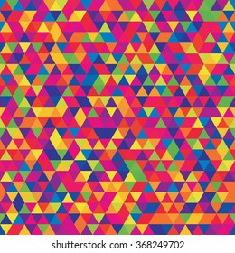 Abstract seamless mosaic background.  Triangle geometric background. Vector illustration. Rainbow-colored. Yellow, pink, red, blue, green colors. 