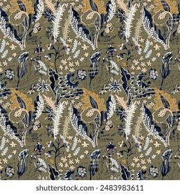 Patrones abstractos de la tela del motivo sin costuras, ikat abstracto, alfombra, tela, batik. Ikat bordado de paisley floral sobre fondo azul. Ikat étnico oriental sin patrón tradicional