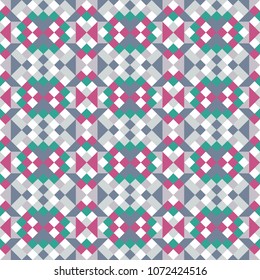 Abstract seamless multicolor pattern. Vector geometric background of triangles in red, blue and white colors. Mosaic texture for textile, clown, carpeting, warp, book cover, clothes