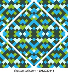 Abstract seamless multicolor pattern. Vector geometric background of triangles in green, blue and white colors. Mosaic texture for textile, clown, carpeting, warp, book cover, clothes