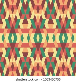 Abstract seamless multicolor pattern. Vector geometric background  in green, orange and yellow colors. Mosaic texture for textile, clown, carpeting, warp, book cover, clothes. 