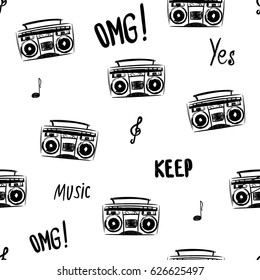 Abstract seamless music pattern with text keep, oh my God, notes, sketch hand drawn tape recorder. Teenagers repeated backdrop on white background Cute wallpaper for girls, textile, wrapping paper.